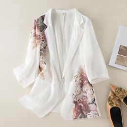 Women's Suits Cotton Linen Blazers Women 2023 Floral Print Spring/Autumn Loose Fashion Seventh Sleeve Casual Jacket V-Neck YCMYUNYAN