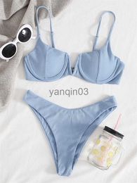 Women's Swimwear Push Up Bikini Thong Women Swimsuit 2022 New Solid V Neck Ribbed Swimwear Bikinis Set Summer Beachwear Bathing Suit For Female J230603