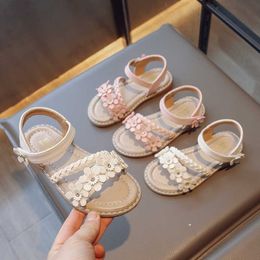Sandals Girl's Sandals Braided Flower Pink Beige Comfy Children Sliders Summer Round Toe Morden Beautiful Flat Kids Shoes