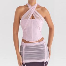Women's Tanks WUHE Women Sexy Party Sheer Mesh Patchwork Backless Cross Criss Crop Top 2023 Summer Strapless Fashion Evening Club Camis Tank