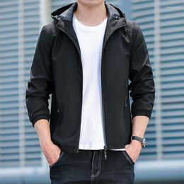 Men's Jackets 2023 Autumn Men Hooded Hat Coat Slim Fit Solid Windbreaker Casual Work Outerwear Clothing Black Gray Blue