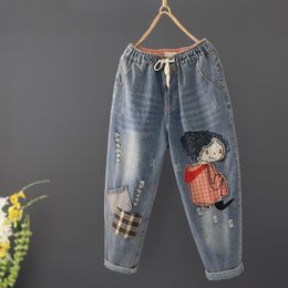 Jeans Spring New Korea Fashion Patch Designs Cartoon Embroidery Loose Women Jeans Elastic Waist Casual Cotton Denim Harem Pants V987