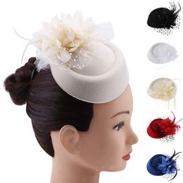 Berets Elegant Women'S Fascinators Hat Veil Headband Tea Party Lace Floral Feather Wedding Bridal Cap Cocktail Hairpin Fastened