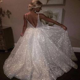 White Sparkle Sequined Wedding Dresses Deep V Neck Sexy Low Back Cheap Pageant Dress Bridal Gowns271h