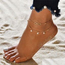 Anklets Gold Color Infinity Anklet Bracelet Imitation Pearl Mti Layer Chain Ankle For Women Summer Beach Jewelry Drop Delivery Dhnwl