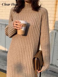 Dresses Women Spring Half Turtleneck Knitted Dress Slim Elastic Oversized Basic Bodycon Sweater Dresses 2023 Ladies Knit Warm Long Robe