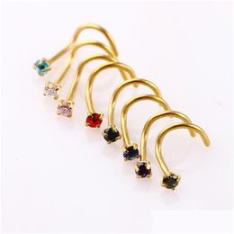 Nose Rings Studs Ring Prong Set Cz Stud Screw Gold Sier Clear Black Blue Red Zircon Nody Jewellery Piercing Drop Delivery Body Dhldy