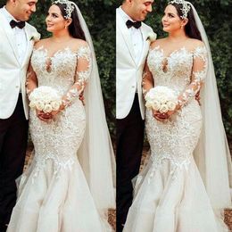 2021 Plus Size Arabic Aso Ebi Lace Beaded Mermaid Wedding Gowns Sheer Neck Long Sleeves Vintage Sexy Bridal Dresses ZJ204305k