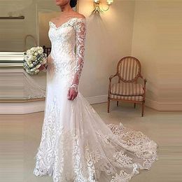 V-Neck Lace Wedding Dress Long Sleeves Appliques Lace Mermaid Dresses Bridal Gown Party vestido de novia 2020 Latest Design215n