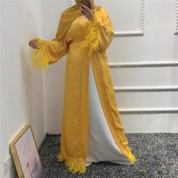 Ethnic Clothing Feather Open Abayas Women Eid Ramadan Islamic Jalabiya Dubai Turkey Kaftan Muslim Abaya Kimono Cardigan Maxi Dress Robe Gown