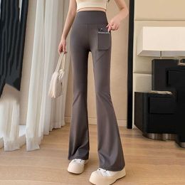 Capris Lucy Spring Summer Tight Flared Thin Waist Pocket Wide Leg Trousers Women's Elastic Sports Jogging Pants P230602