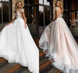 Leaf Lace Floral Beautiful A Line Wedding Dresses Illusion Neck Cap Sleeves Elegant Boho Bridal Gowns Open Back Sexy Plus Size Bride Reception Party Dress Robe