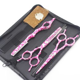 Tools 5.5 inch pink leopard print Hairdressing Scissors JP 440C Barbers Cutting + Thinning + Shaving + bag Shears Hair Scissors