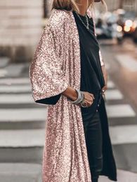 Women's Jackets Loose Outerwear Soft Women Shiny Sequins Mid-length Cape Jacket Solid Color Skin-touch Gown Streetwear