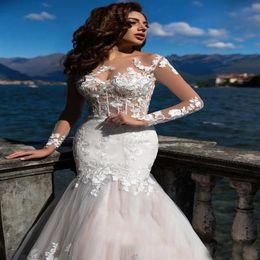 Modern New 2021 Plus Size Illusion Romantic Gorgeous Long Sleeve Lace Mermaid Wedding Dresses Princess Appliques See Through Brida207D