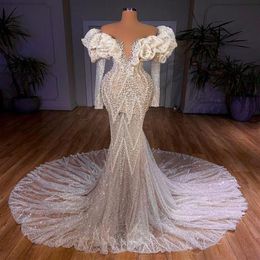Luxury Mermaid 2021 Wedding Dresses Bridal Gowns Off The Shoulder Ruffles Long Sleeve Beaded Crystal Sweep Train Robe de mariee291e