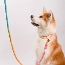Leashes Dog MultiFunction HandWoven Gradient Collar Necklace Outdoor Rope Dog Leash Round Cotton Dogs Lead Pet Products