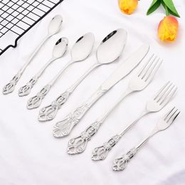 Dinnerware Sets Silver Stainless Steel Cutlery Set Vintage Knife Dessert Fork Spoons Long Spoon Tableware Home Kitchen Flatware