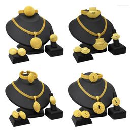 Necklace Earrings Set Lucky Ring Bracelet Dubai For Women Girls 24K Gold Plated Bridal Wedding Gift