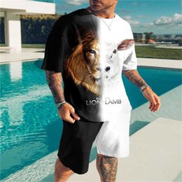 Tracksuits Summer Fashion Men's T-shirt Shorts Casual 3D Printing Black and White Animal Element Pattern Loose Crew Set of 2 P230603