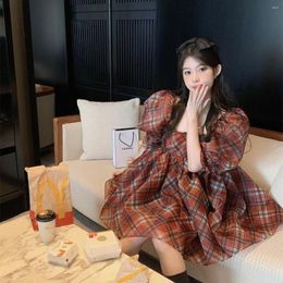 Casual Dresses 2023 Sweet Vintage Jane Eyre Plaid Print Square Neck Princess Puff Sleeves Dress Elegant Party For Women