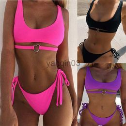 Women's Swimwear Heart Ring Neon Pink Push Up Bikini Set High Waist G String Swimsuit Strap Bandage Swimwear Female Bathing Suit Halter Top 2022 J230603