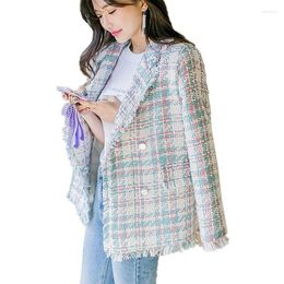 Women's Suits Woman Slim Mini Tassels Blue Pink Plaids Blazers Double Breasted Woollen Fringed Coat Suit Checked Jacket Lattice OL Tops