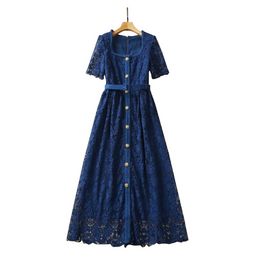 Summer Blue Floral Lace Belted Dress Short Sleeve Peter Pan Neck Buttons Single-Breasted Casual Dresses A3A101513