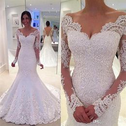 2021 New Modern Mermaid Wedding Dresses Long Sleeves V Neck White Ivory Lace Appliques Beaded Court Train Sheer Back Custom Bridal180e