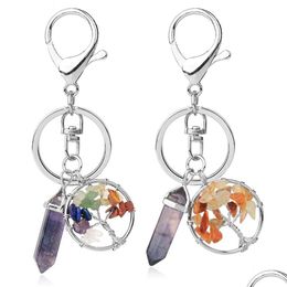 Key Rings Natural Stone Fluorite Tree Of Life Pendants Keychain Lobster Clasp Holder Car Backpack Accessories Unique Jewellery Drop Del Dhwsu