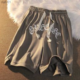 Men's Shorts Vintage streetwear letter embroidery elastic waist loose outer wear mens shorts 2022 new summer casual couple five-point Y2302 L230520