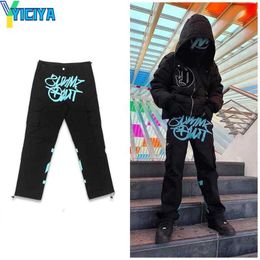 Yiciya Mens Cargo Pants Minus Harajuku Minustwo Casual Loose Punk Rock Straight Wide Leg Two Trouser Streetwear Y2k Retro Street Trend Overalls