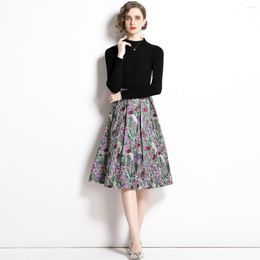 Work Dresses 2023 Autumn Winter Two Piece Sets Womens Outfits Black Bottoming Sweater Tops Jacquard Retro Midi Skirt Female