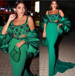 Arabic Aso Ebi Mermaid Crystals Prom Dresses with wrap Two Pieces Hunter Green beaded stain evening reception dress wear