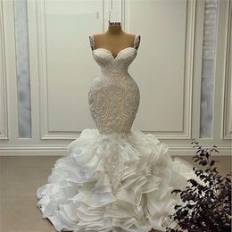 Luxury Mermaid Wedding Dresses 2021 Lace Applique Beach Bridal Gowns Ruffles Custom Made Vestido De Noiva Bride Dress288a