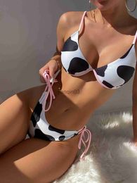 Women's Swimwear Cow Print Bikini Two-Piece Swimsuit Women Sexy V-neck Suspender Underwire Backless Beach Bathing Suit High Waist Biquini PXJY183 J230603