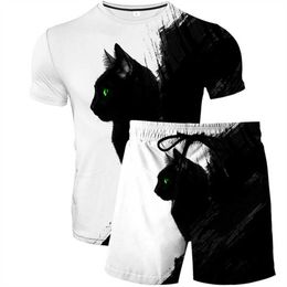 Tracksuits Summer New 3D Animal Wolf Cat Print Men's Shorts Fashion Sportswear Jogging Casual T-shirt Set of 2 P230603