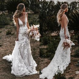 Elegant Country Mermaid Wedding Dress Deep V neck Open Back Flowers Lace Ruched Court Train Hollow Bridal Gowns2941