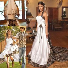 Vintage Country Camo White Wedding Dresses Halter Sweep Train Backless A-line Plus Size Garden Bridal Gowns Custom Made344d