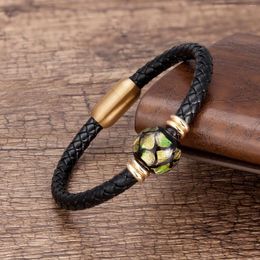 Charm Bracelets 16mm Round Natural Coloured Glaze Bead Stainless Steel Clasp Genuine Leather Bangles Fashion Anniversary Jewelry