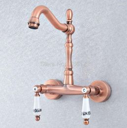 Bathroom Sink Faucets Antique Red Copper Wall Mounted Swivel Spout Kitchen Vessel Faucet Dual Ceramic Lever Basin Taps Tsf904