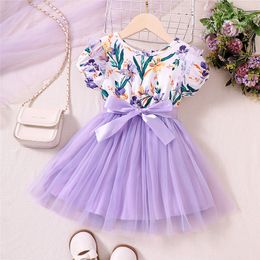 Baby Kids Clothing Fashion Girls Dresses Gauze Mesh Short Sleeve Flower Printing Dress 2Colors Available Wholesale