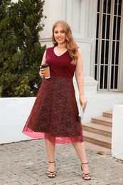 Plus Size Dresses 2023 Fashion Style Elegant V-neck Sleeveless High Waist A-line Mesh Sequins Casual Solid Colour Women's Dress