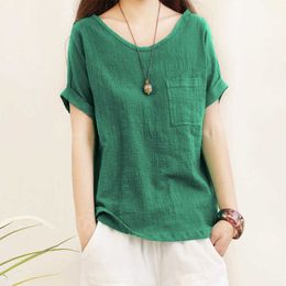 T-Shirt T-shirt Cotton Linen Short Sleeve Shirt Loose Green O-Neck Casual Solid Large Women's Summer Top P230602