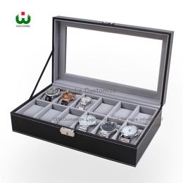 Wanhe Packaging Boxes Factory Professional Supply 12 Grids Slot Watch Box Display Organiser Glass Top Jewellery Storage Organiser BO244w