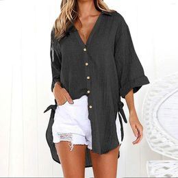 Women's Blouses Women's Tie Up V Neck Loose Slit Hem Shirts Half Sleeve Solid Colour Buttons Down T Shirt Summer Tops