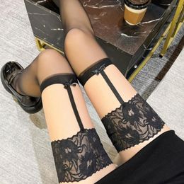 Women Socks Plus Size Sling Stockings Over Knee Thin Lace Mesh Anti-slip Leggings Thigh High Black Dropshiping