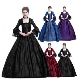 Dresses Halloween Women Victorian Mediaeval Queen Cosplay Costume Vintage Retro Gothic Lace Stitiching Lace Up Party Long Maxi Dresses#g3