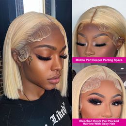 613 HD Lace Frontal Wig Honey Blonde Coloured Human Hair Wigs For Women Closure 13x4 Straight Lace Front Short Bob Wig