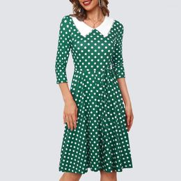 Casual Dresses Women Sweet Vintage 3/4 Sleeve Peter Pen Collar Polka Dots Bow Knot A-Line Dress HA321